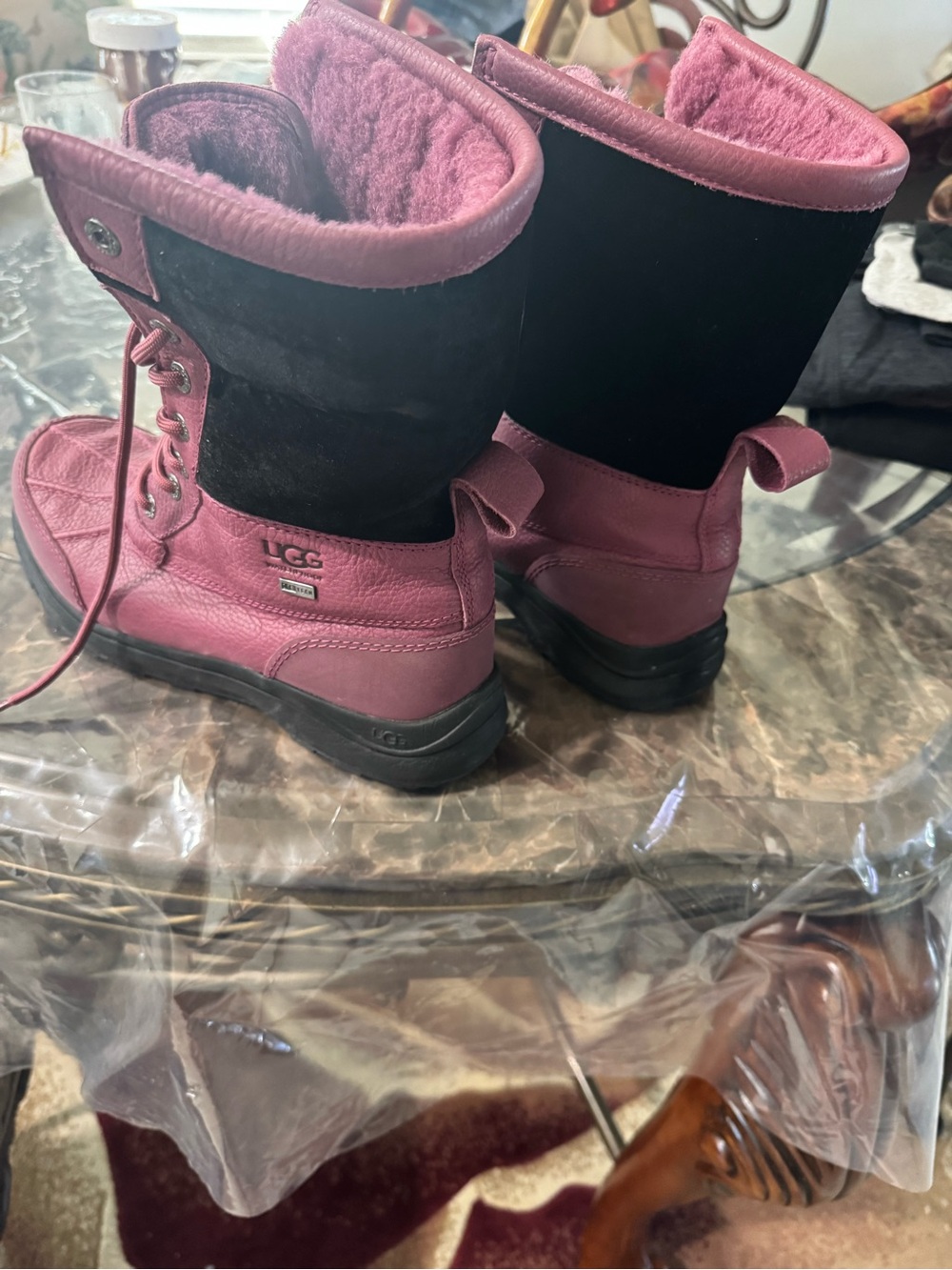 UGG Women's Pink and Black Lace-Up Winter Boots with Shearling